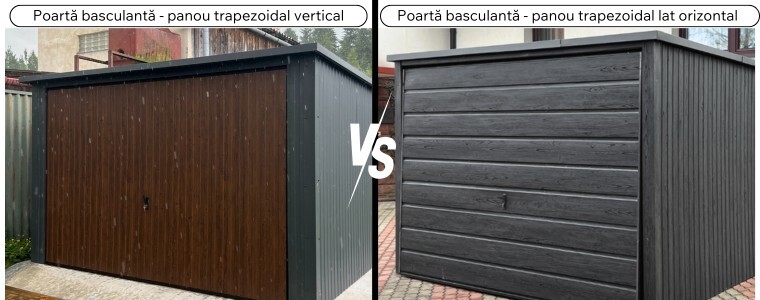 Garaj metalic 7,5×7,5 m MODERN - basculantă (dimensiune standard - lățime 2,75 m x înălțime 1,9 m) VS basculantă cu panou trapezoidal lat orizonta